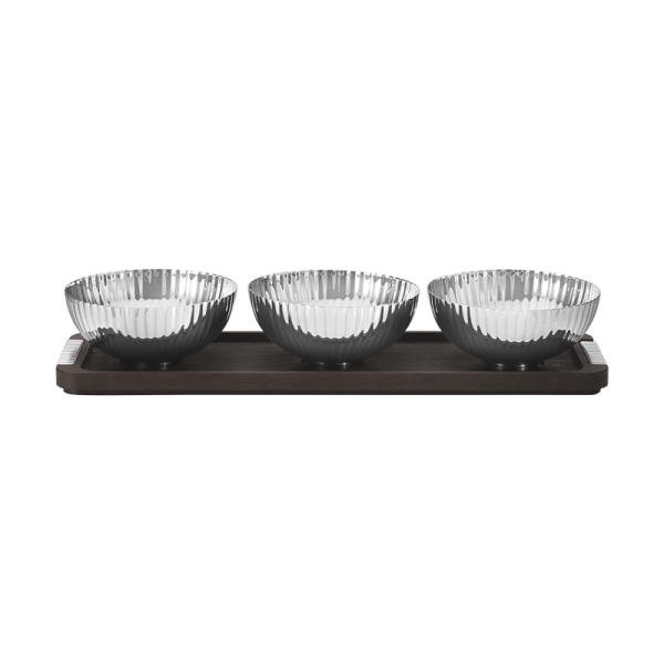 BERNADOTTE TRIPLE BOWL SET IN STAND WOOD & STAINLESS STEEL