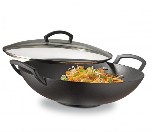 Wok-Set, Gusseisen, Mit Glasdeckel, 35 Cm